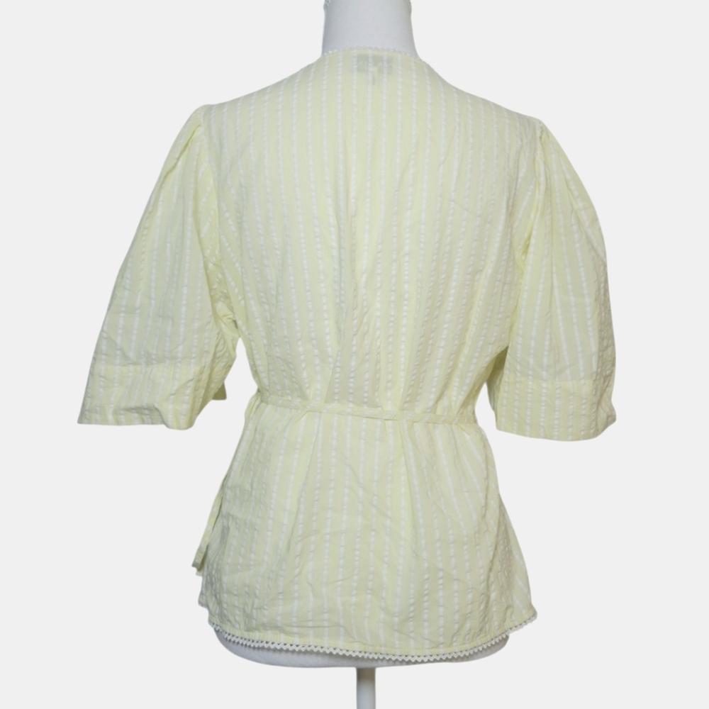 Ganni Seersucker Striped Wrap Blouse Short Sleeve Cotton Yellow & White 40 8/10 - Picture 6 of 16